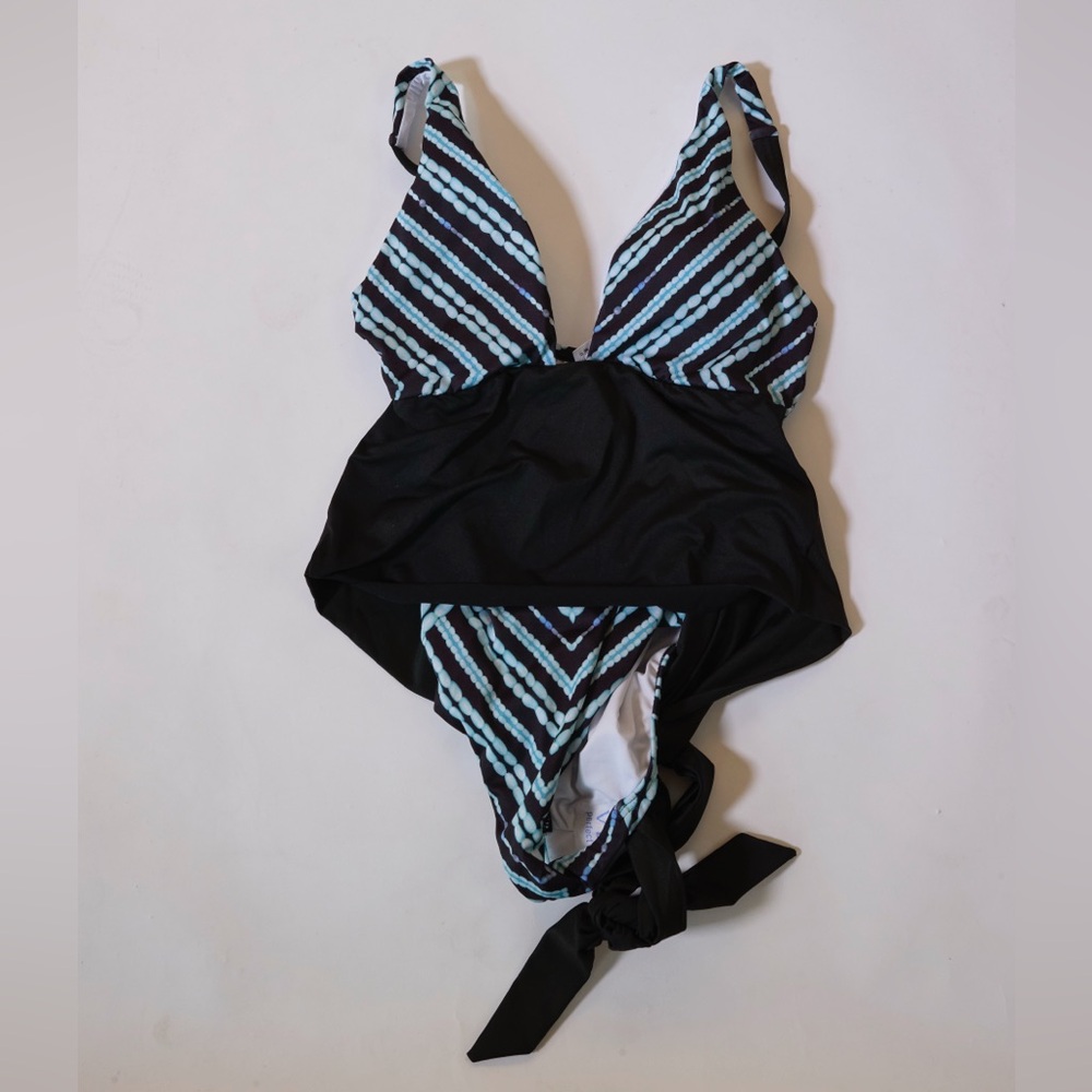VENUS Black and Blue Striped One Piece Swimsuit